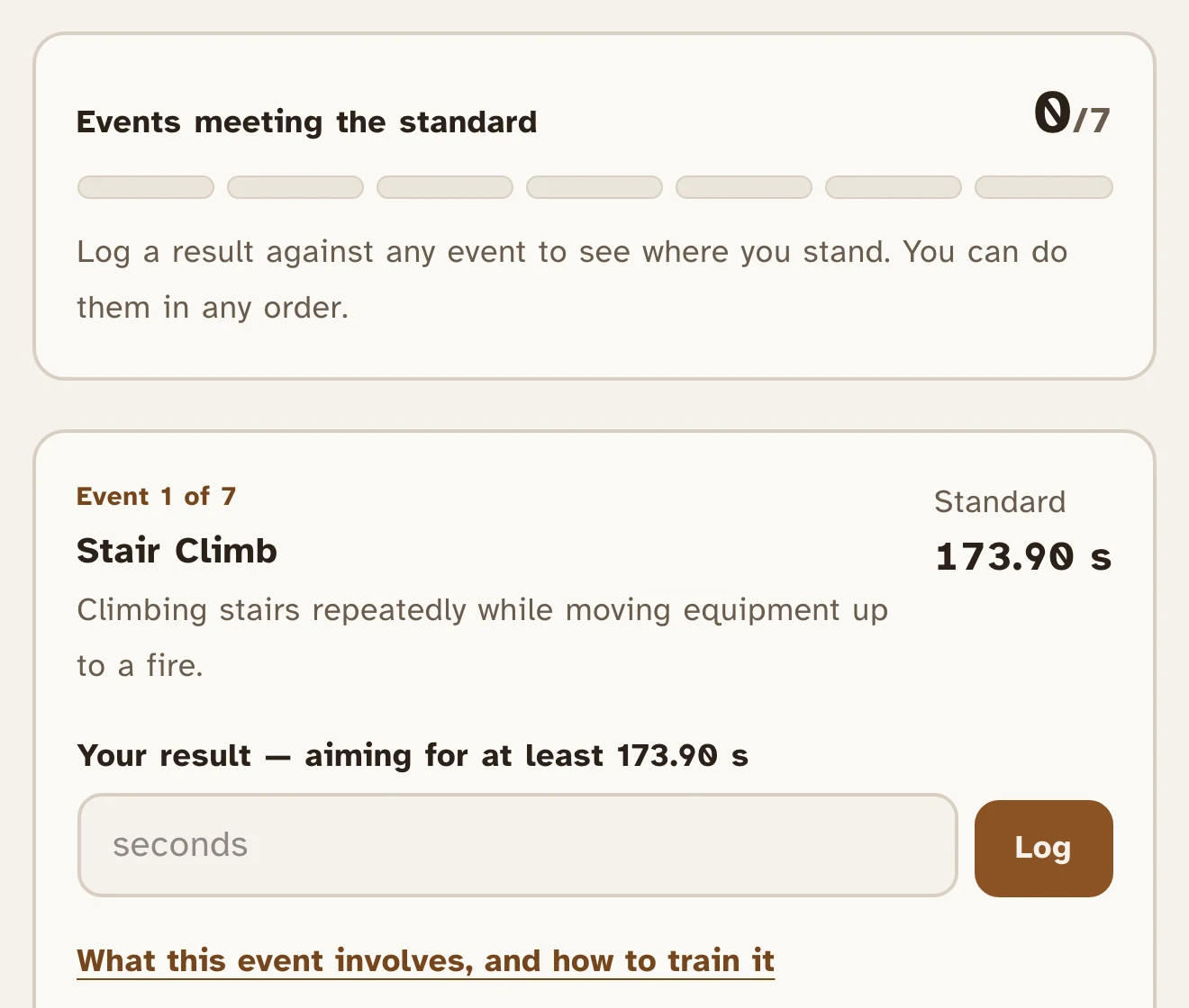 The ELPAT board showing progress against the seven events, with the Stair Climb and Ladder Event cards and their published standards.