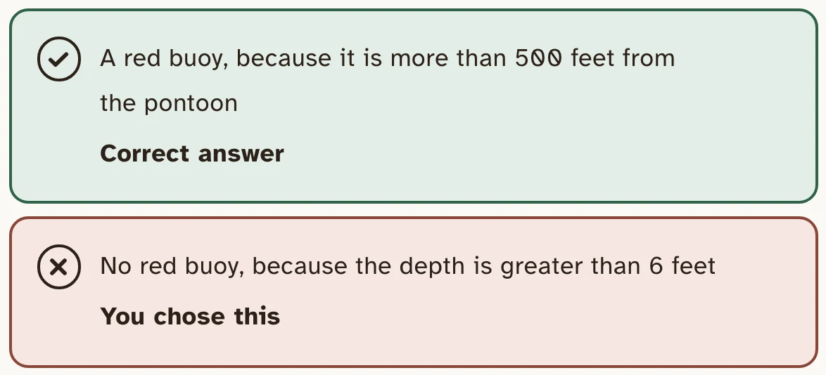 Two answered options from a RankHigh rule-application question. The option marked “Correct answer” with a tick reads “A red buoy, because it is more than 500 feet from the pontoon”; the option marked “You chose this” with a cross reads “No red buoy, because the depth is greater than 6 feet”.