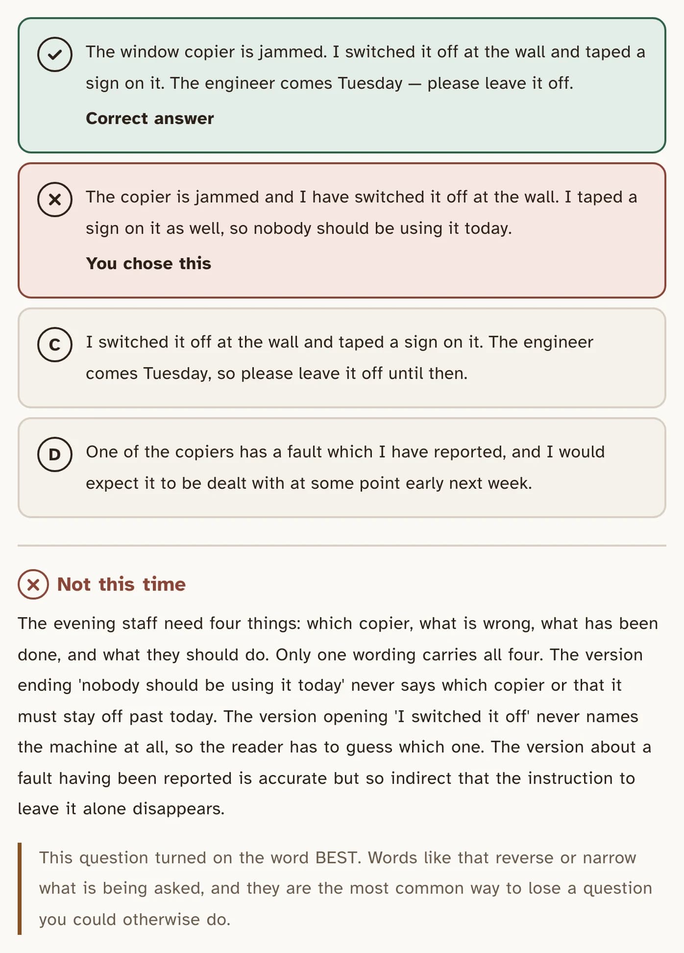 A completed RankHigh question showing the chosen answer marked wrong in red, the correct answer in green, and an explanation covering why each alternative fails.