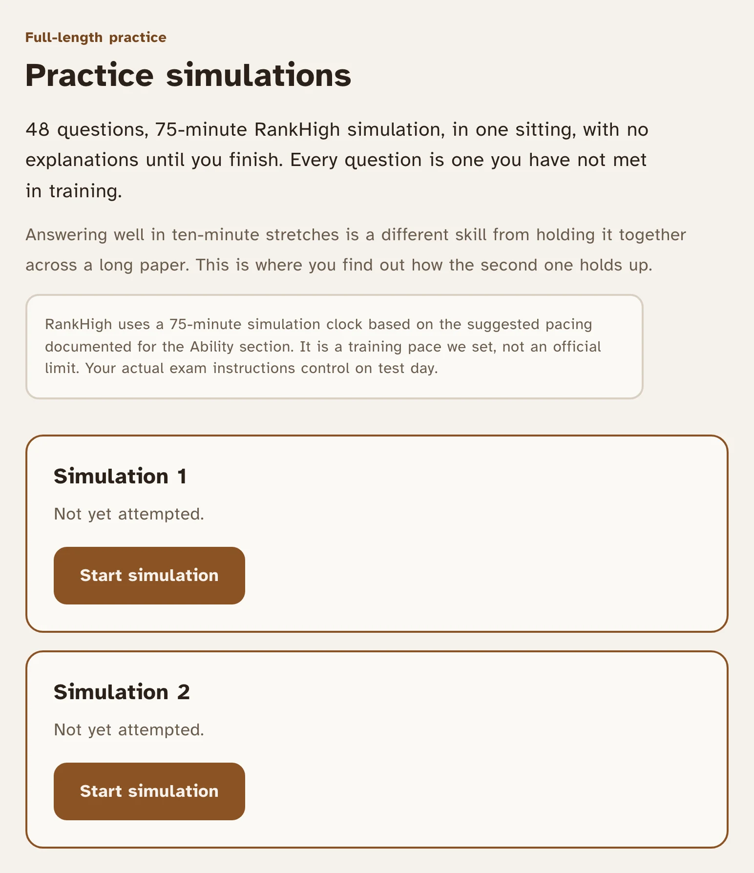 The RankHigh practice simulations screen showing two full-length 48-question simulations, each not yet attempted, above a note that the timing is a training pace RankHigh sets rather than an official limit.
